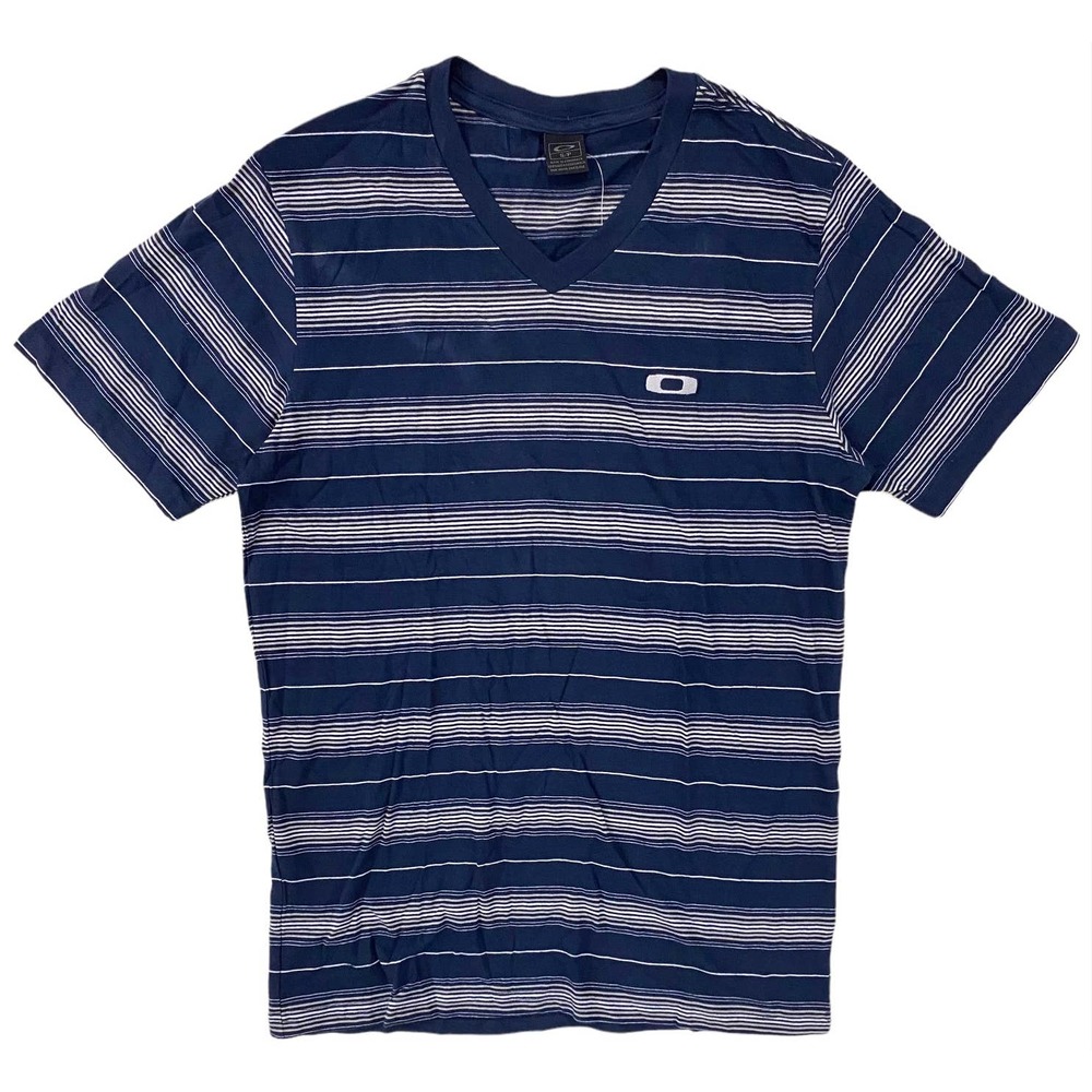 Oakley Men's Chillin Embroidered O Logo Striped V-Neck Tee T-Shirt - Navy Blue